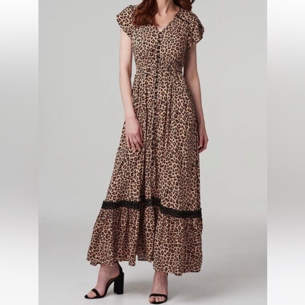 Caroline Morgan Leopard Print Maxi Dress In Multi Beige Button Up Size S